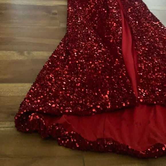 Red Sequin One Shoulder Evening Gown - Picture 5 of 5
